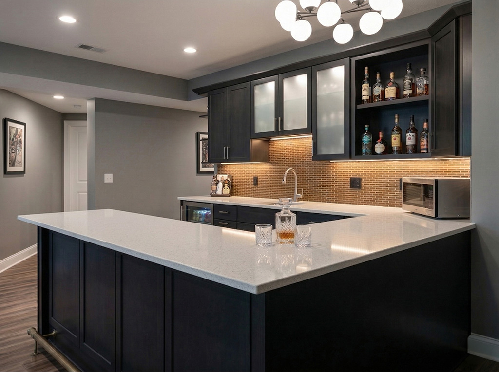 Custom basement bar featuring dark cabinetry, quartz countertop, illuminated liquor display, and modern lighting, designed for functional basement living spaces.