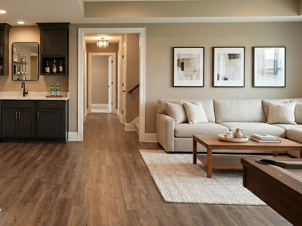 Finished basement with a cozy living area featuring a sectional sofa, coffee table, and decorative accents, alongside a bar area with dark cabinetry, sink, and bottles, emphasizing modern design and functionality.
